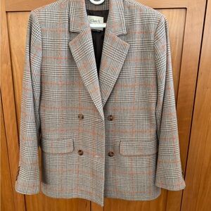 Clare V Plaid Double-Breasted Blazer in Gray with Orange Windowpane
